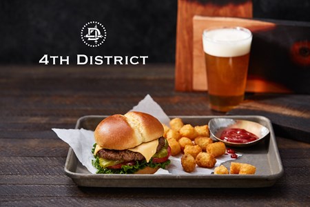 Burger, tater tots, and beer. 